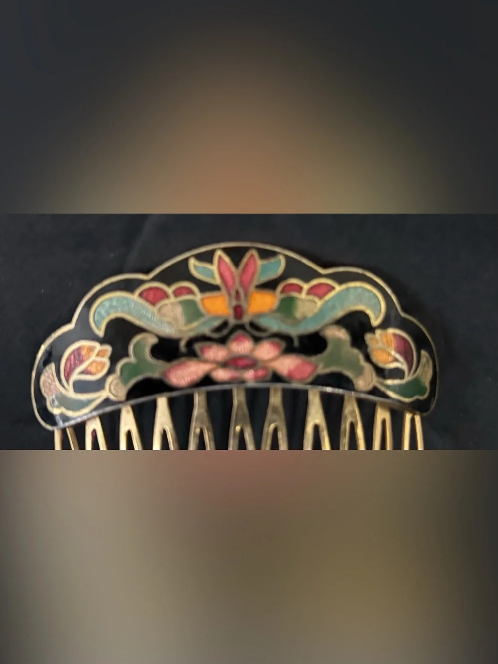 Vintage Floral Enamel Hair Comb - Multicolor Gold-Tone